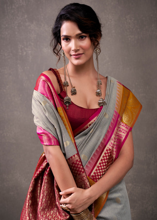 Powder Grey Woven Banarasi Cotton Silk Saree