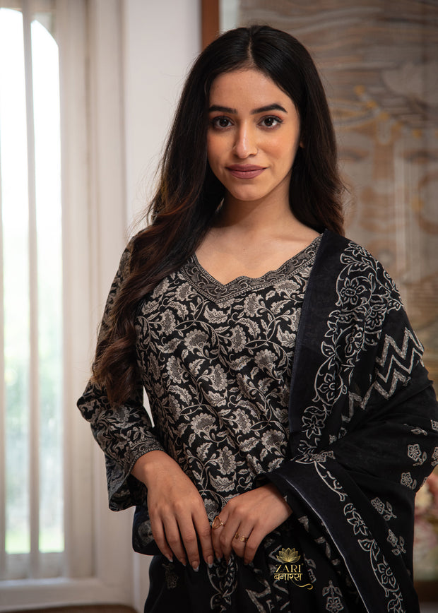 Black Floral Printed Suit Set (10702035157185)
