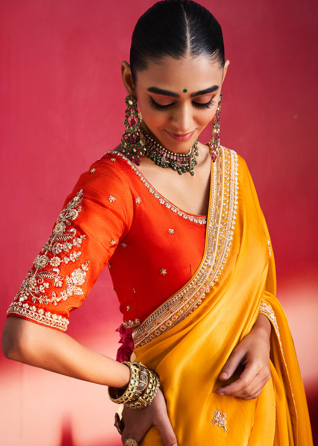Vibrant Yellow Embroidered Soft Silk Saree With Contrast Blouse