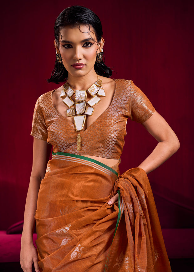 Burnt Orange Woven Banarasi Satin Linen Silk Saree