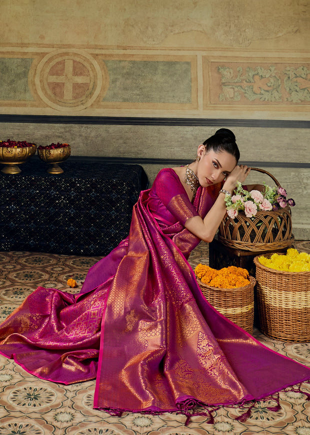 Magenta Pink Woven Banarasi Silk Saree