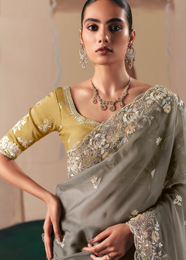 Taupe Grey Embroidered Designer Saree
