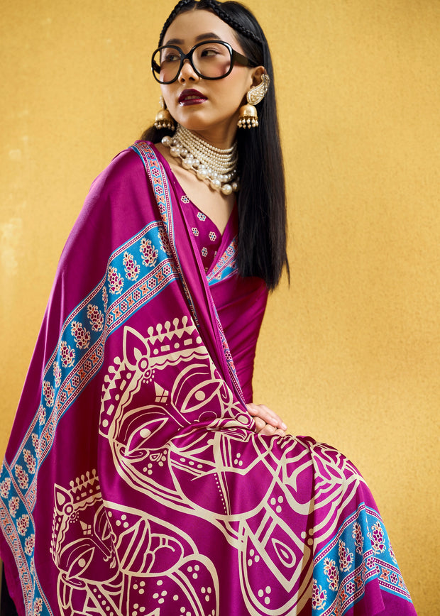 Plum Magenta Satin Silk Saree with Ajrakh Printed Pallu and Blouse