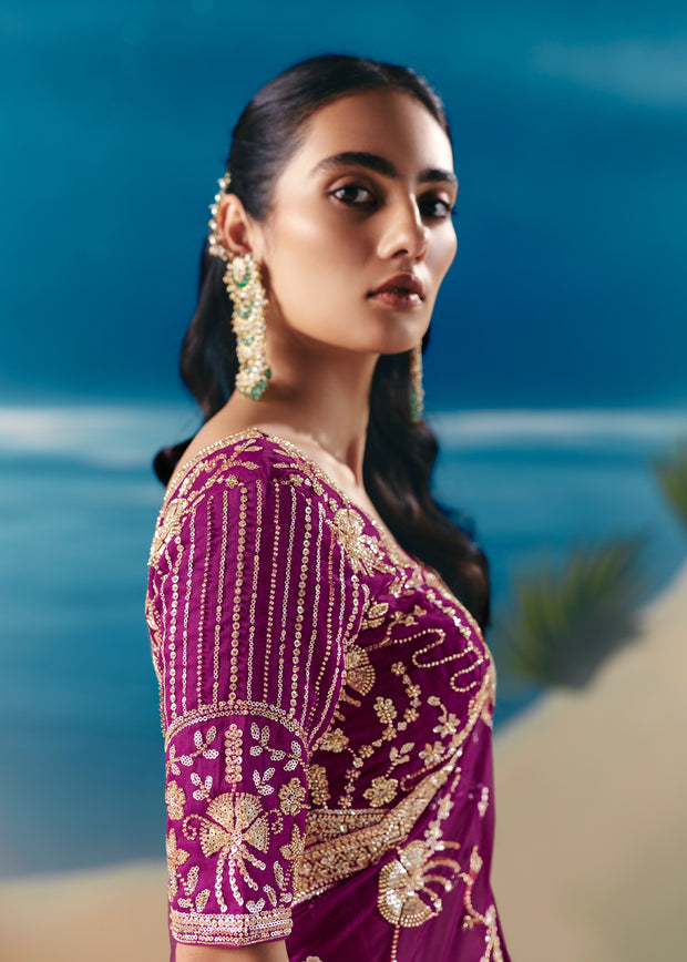 Magenta Pink Satin Organza Embroidered Saree