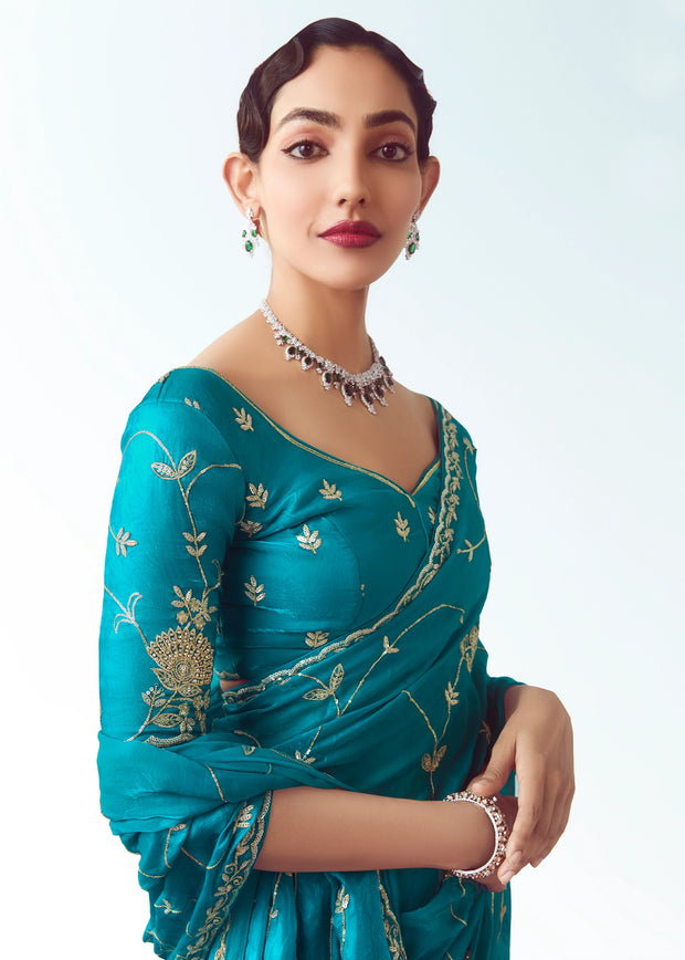 Horizon Blue Embroidered Designer Tissue Saree