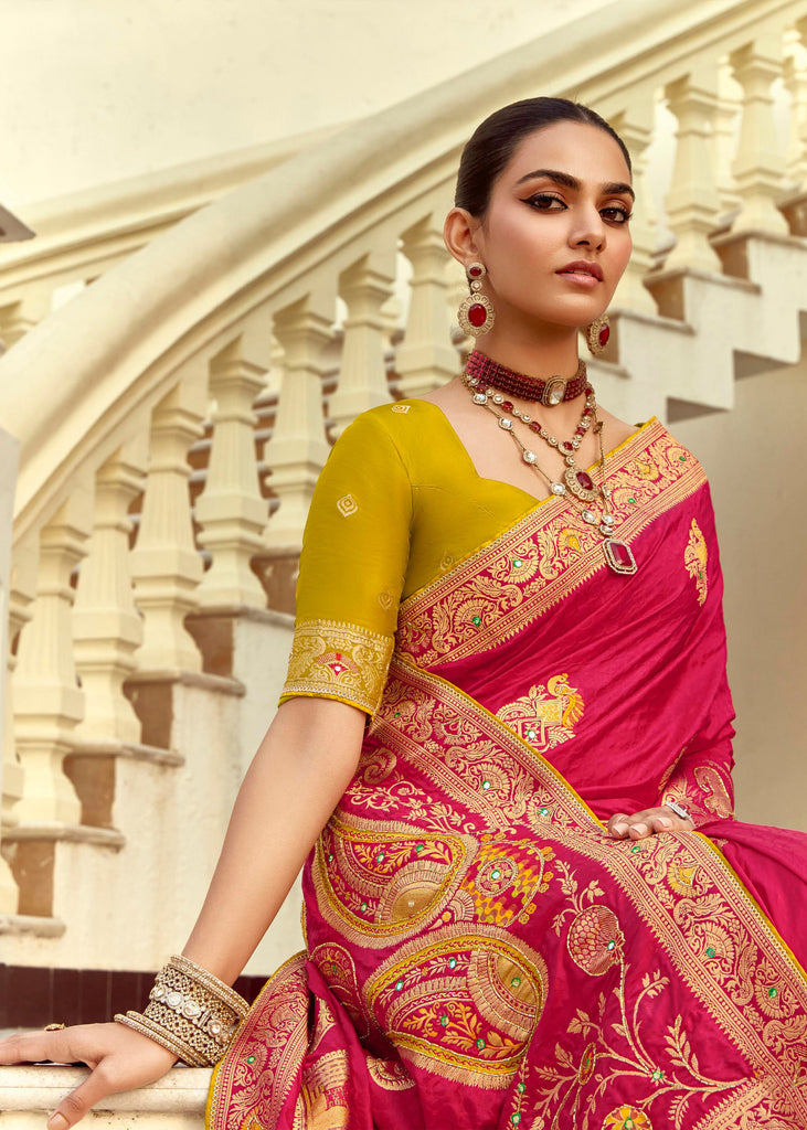 Raspberry Pink Woven Banarasi Designer Silk Saree With Contrast Blouse