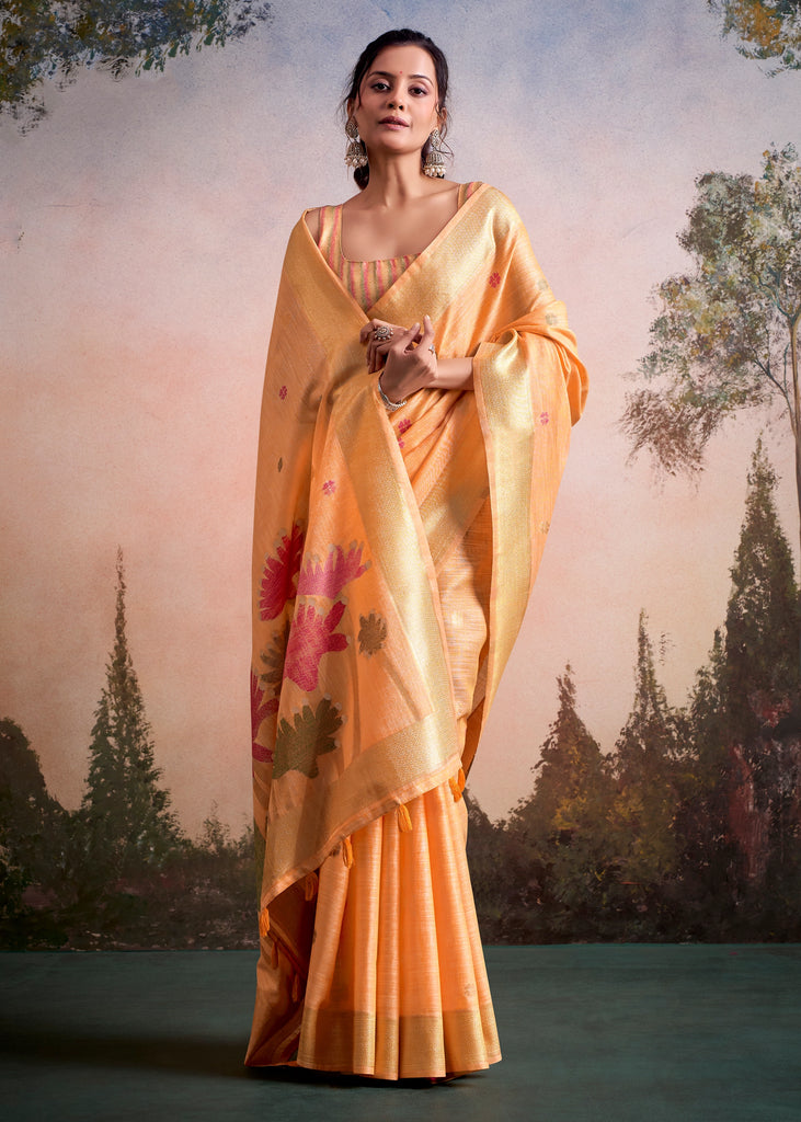 Orange Peach Woven Linen Cotton Silk Saree