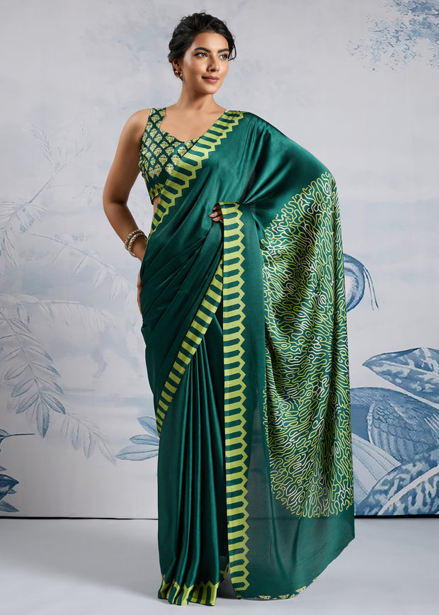 Cadmium Green Satin Silk Saree with Ajrakh Printed Pallu and Blouse