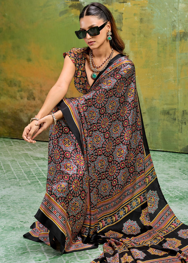 Black Printed Satin Silk Saree