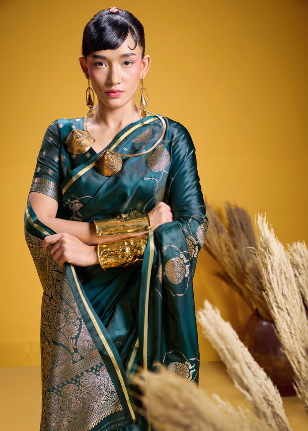 Pacific Green Banarasi Satin Silk Saree
