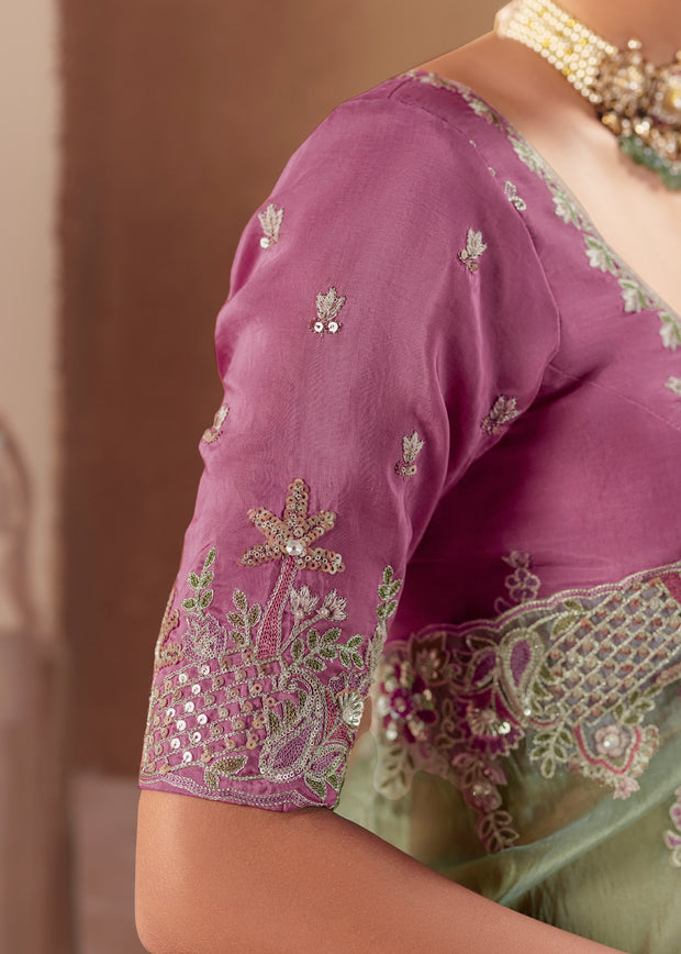 Sage Green Embroidered Designer Saree