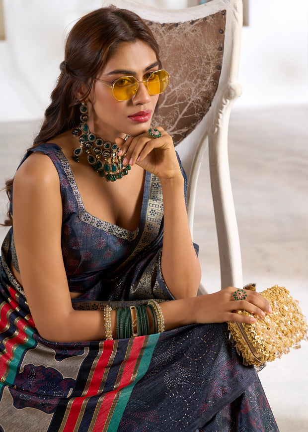 Midnight Blue Banarasi Printed Soft Silk Saree
