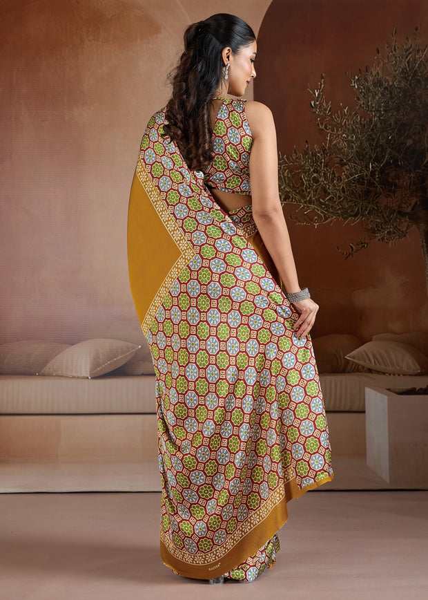 Mustard Yellow Printed Satin Silk Saree