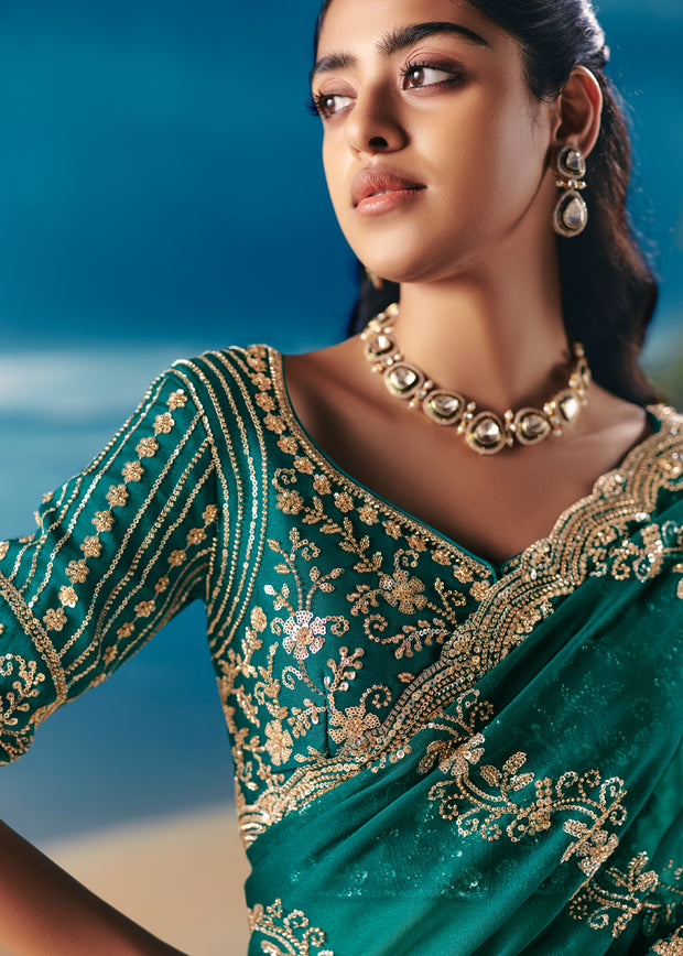 Emerald Green Satin Organza Embroidered Saree