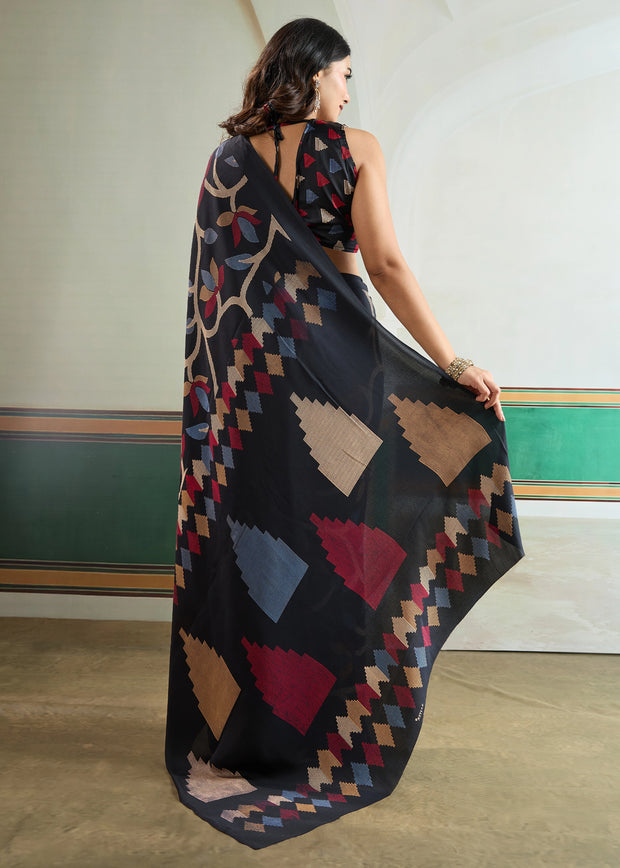 Midnight Black Printed Satin Silk Saree
