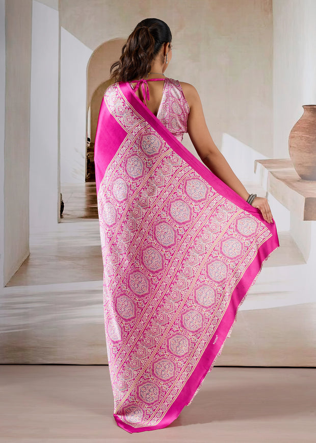 Princess Pink Printed Satin Silk Saree