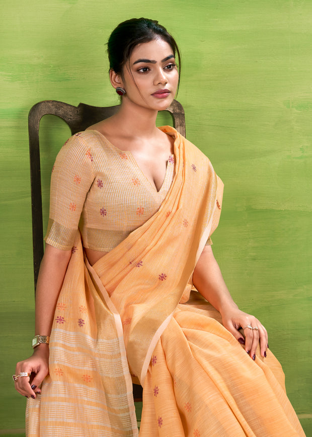 Orange Peach Woven Linen Silk Saree