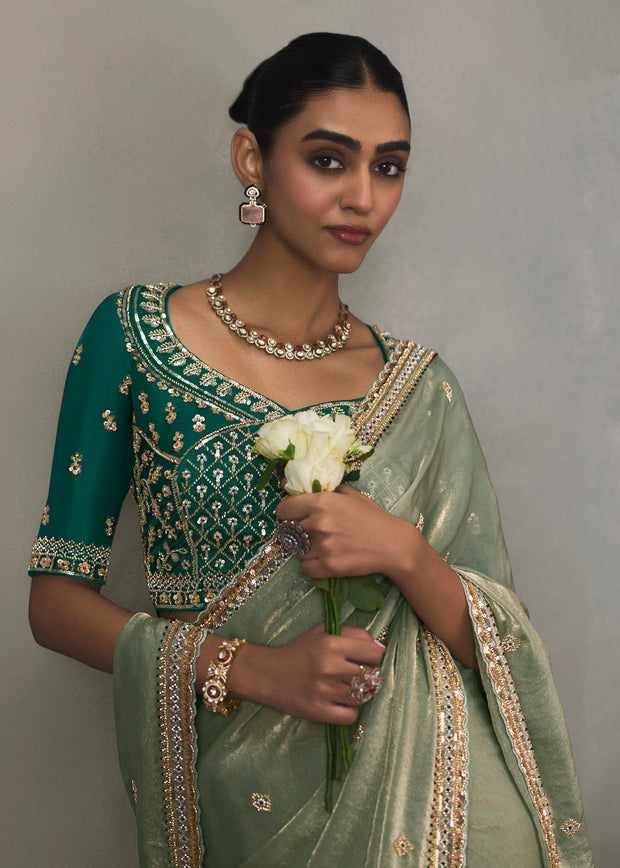 Sage Green Embroidered Silk Saree With Heavy Blouse