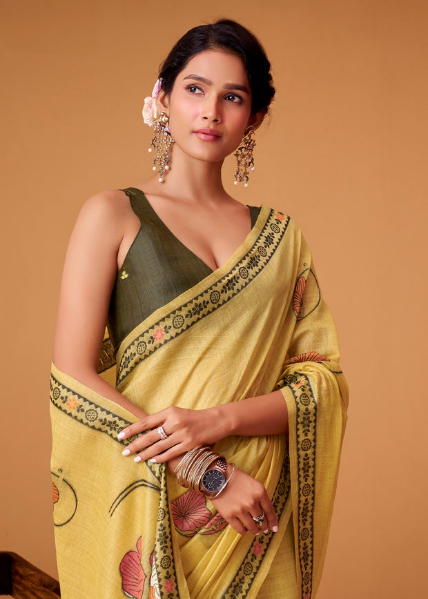 Lemon Yellow Woven Cotton Saree