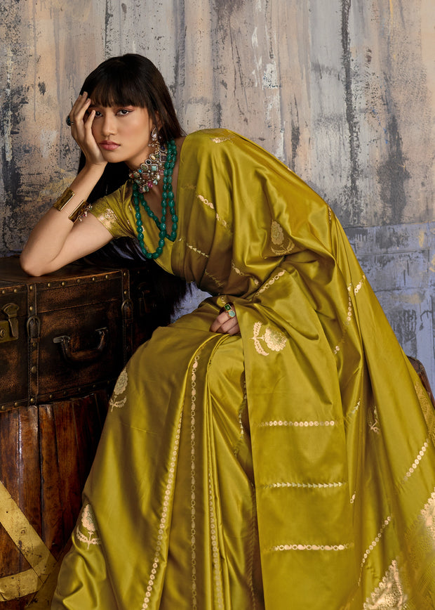 Apple Green Woven Banarasi Satin Silk Saree