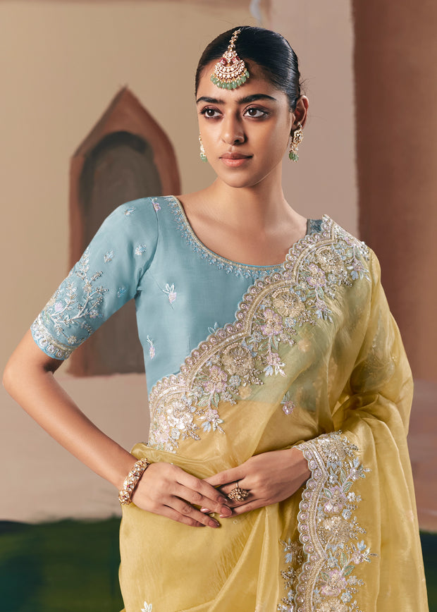 Pastel Yellow Embroidered Designer Saree