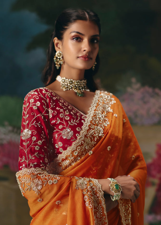 Peel Orange Embroidered Designer Saree
