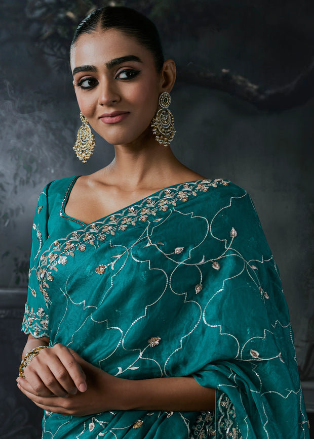 Teal Blue Embroidered Designer Saree