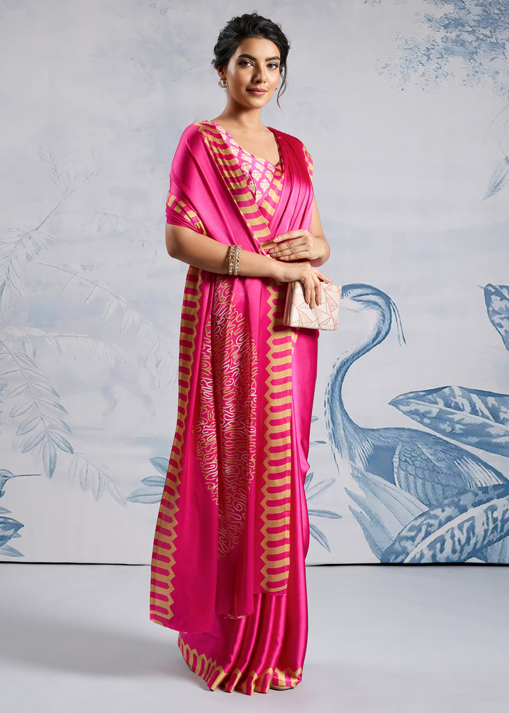 Magenta Pink Satin Silk Saree with Ajrakh Printed Pallu and Blouse