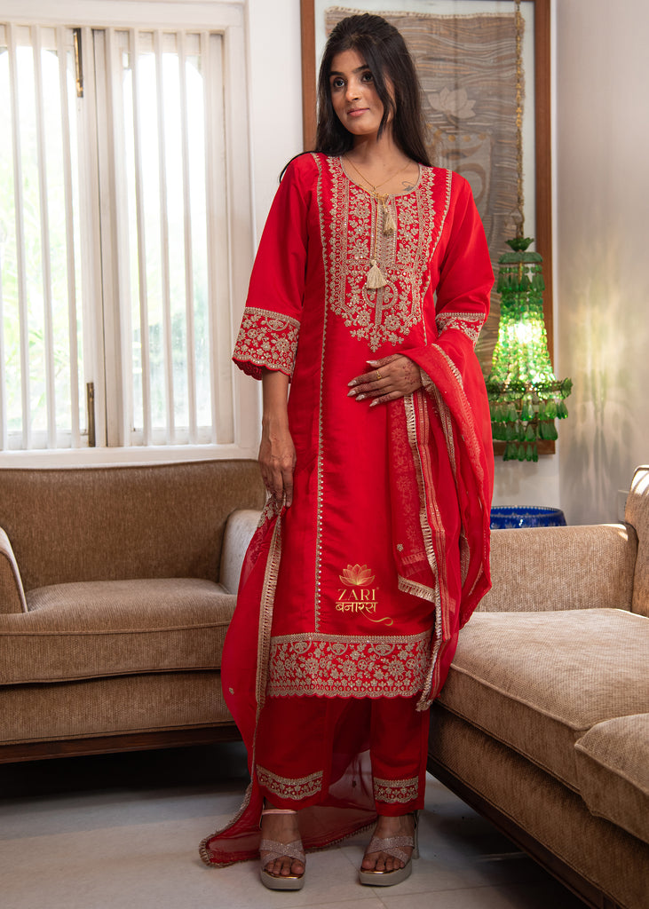 Vermillion Red Gold Detail Embroidered Suit (10702889058497)