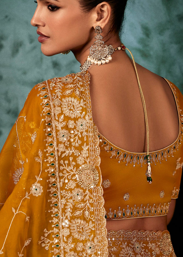 Marigold Yellow Designer Embroidered Saree
