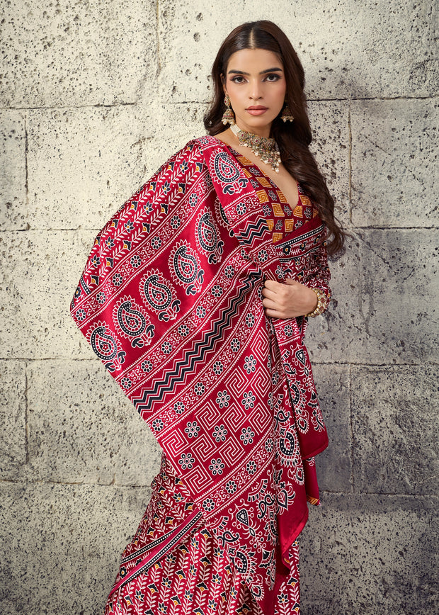 Red Printed Satin Silk Saree