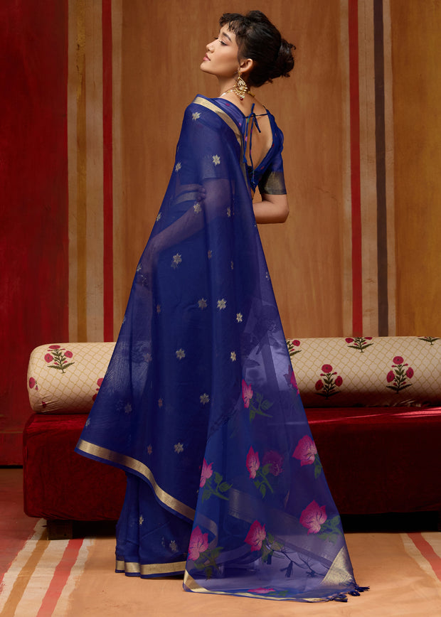 Navy Blue Woven Cotton Organza Saree