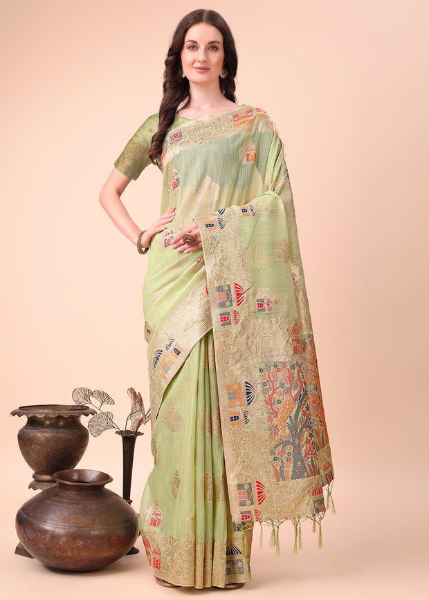 Pista Green Woven Linen Cotton Silk Saree