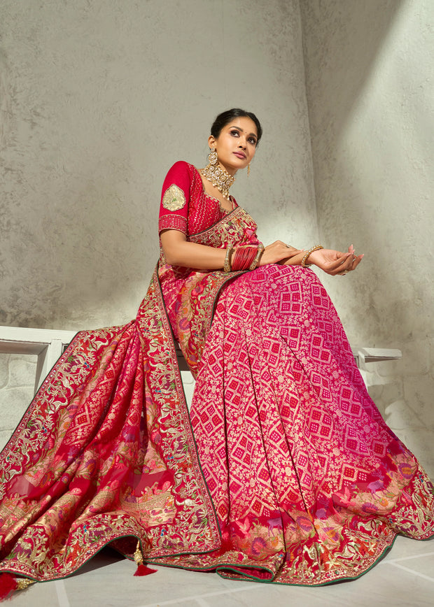 Pink Embroidered Georgette Bandhej Saree
