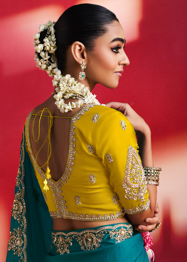 Peacock Blue Embroidered Soft Silk Saree With Contrast Blouse