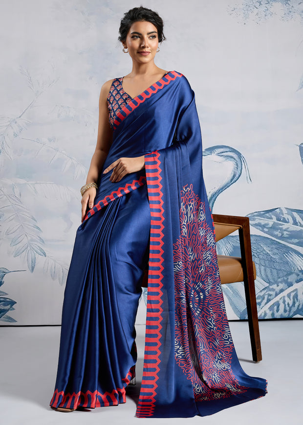 Ultramarin Blue Satin Silk Saree with Ajrakh Printed Pallu and Blouse
