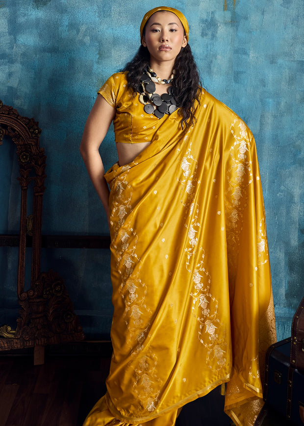 Ochre Yellow Woven Banarasi Satin Silk Saree