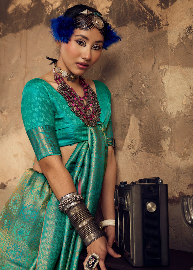 Peacock Green Woven Kanjivaram Silk Saree