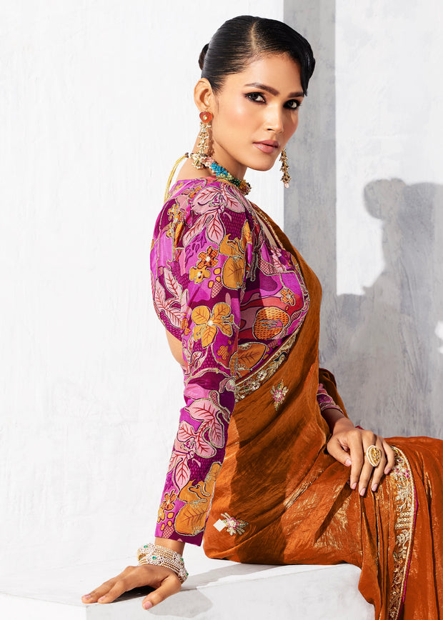 Rust Orange Embroidered Designer Saree