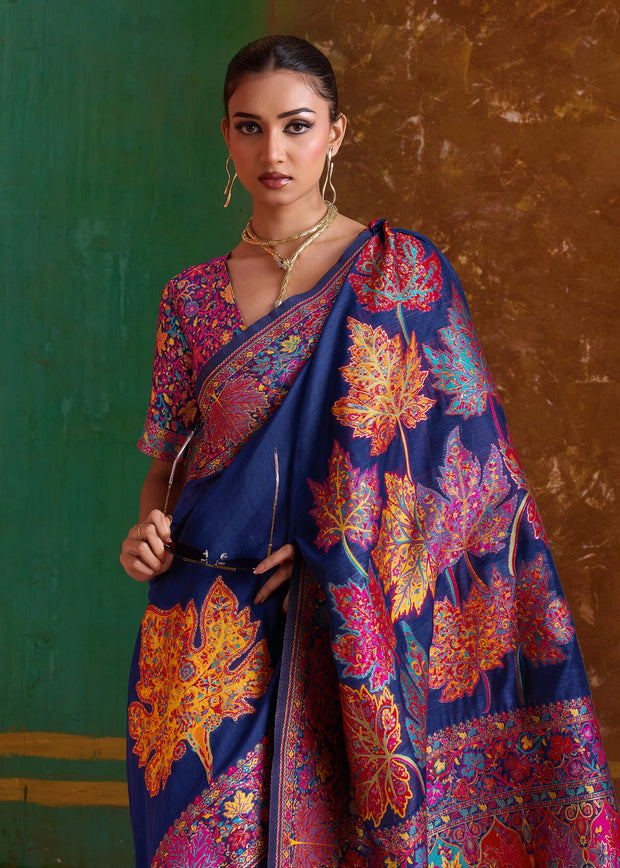 Sapphire Blue Woven Cotton Kashmiri Jamewar Saree