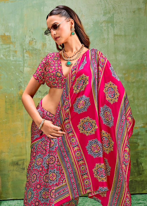 Fuchsia Pink Printed Satin Silk Saree