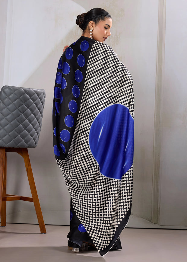 Blue Printed Satin Silk Saree