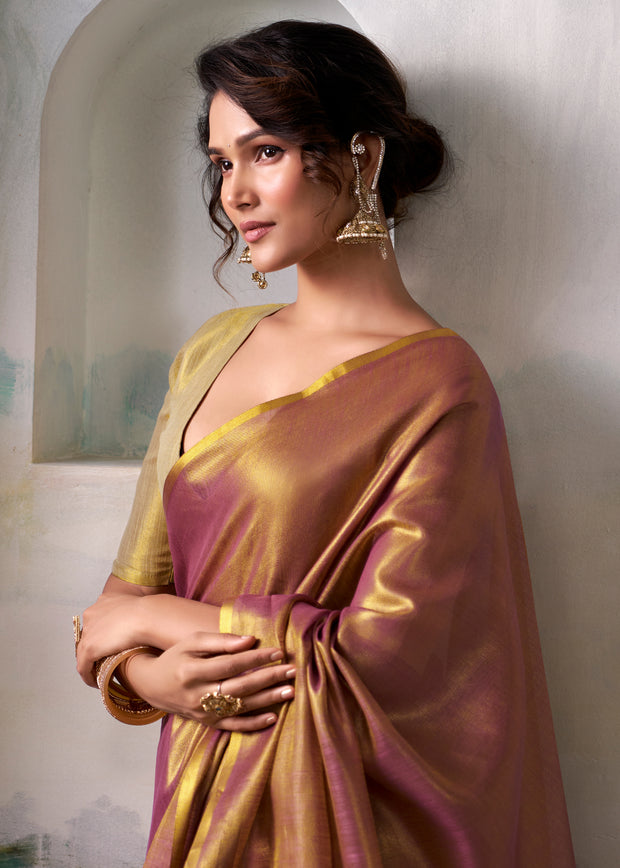 Golden Wine Woven Tissue Silk Saree