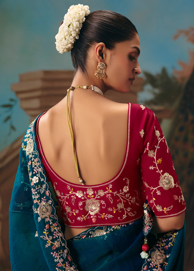 Coral Blue Embroidered Designer Saree