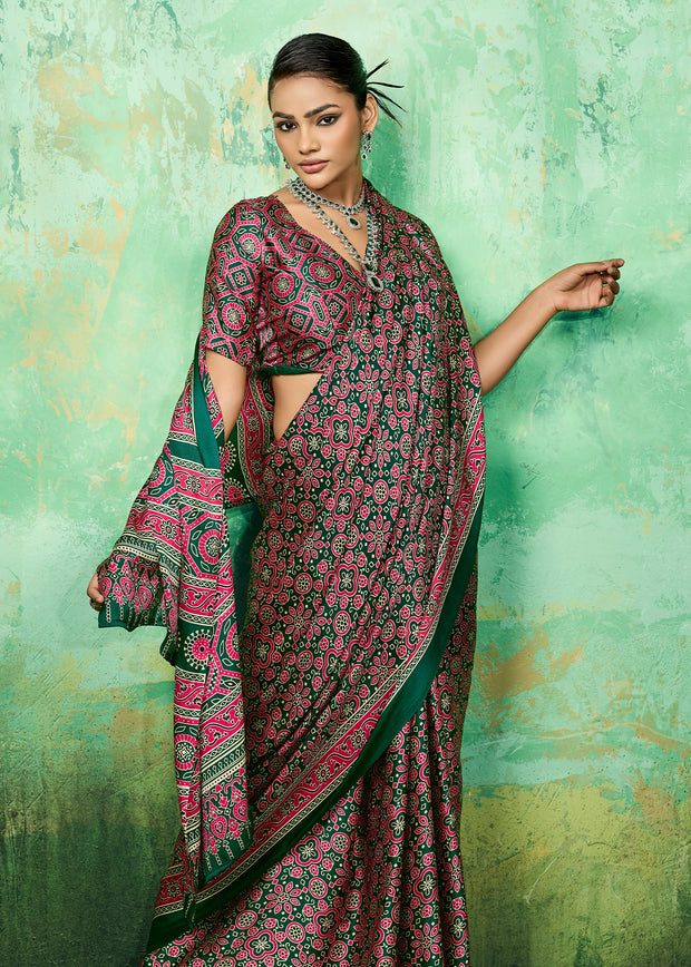 Green And Pink Printed Satin Silk Saree