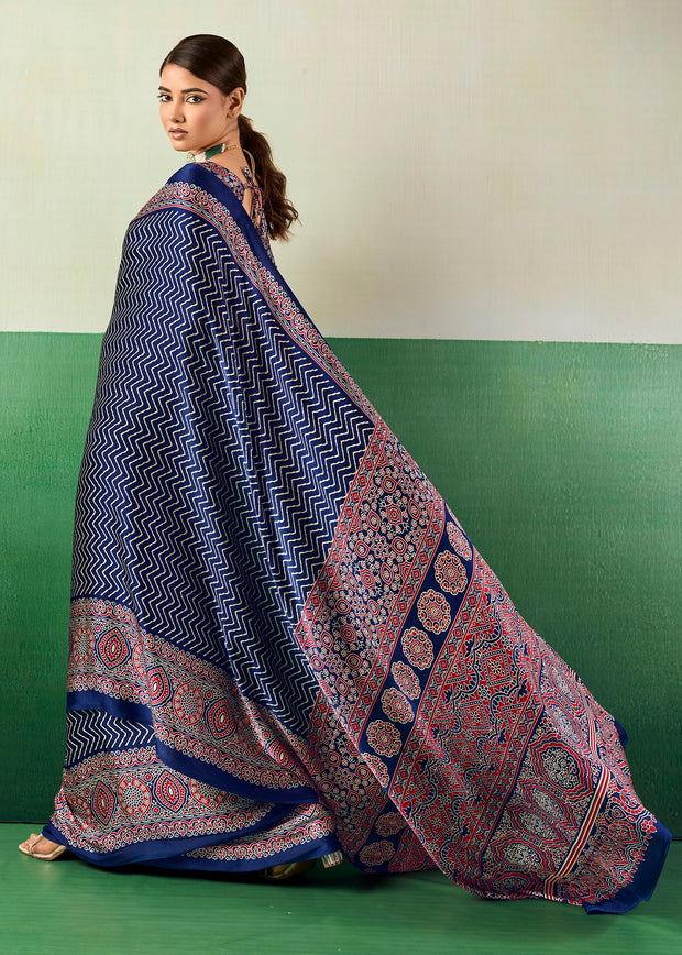 Denim Blue Printed Satin Silk Saree