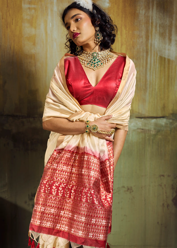 Off White Banarasi Tusser Silk Saree