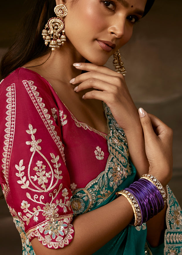 Teal Green Embroidered Designer Organza Saree