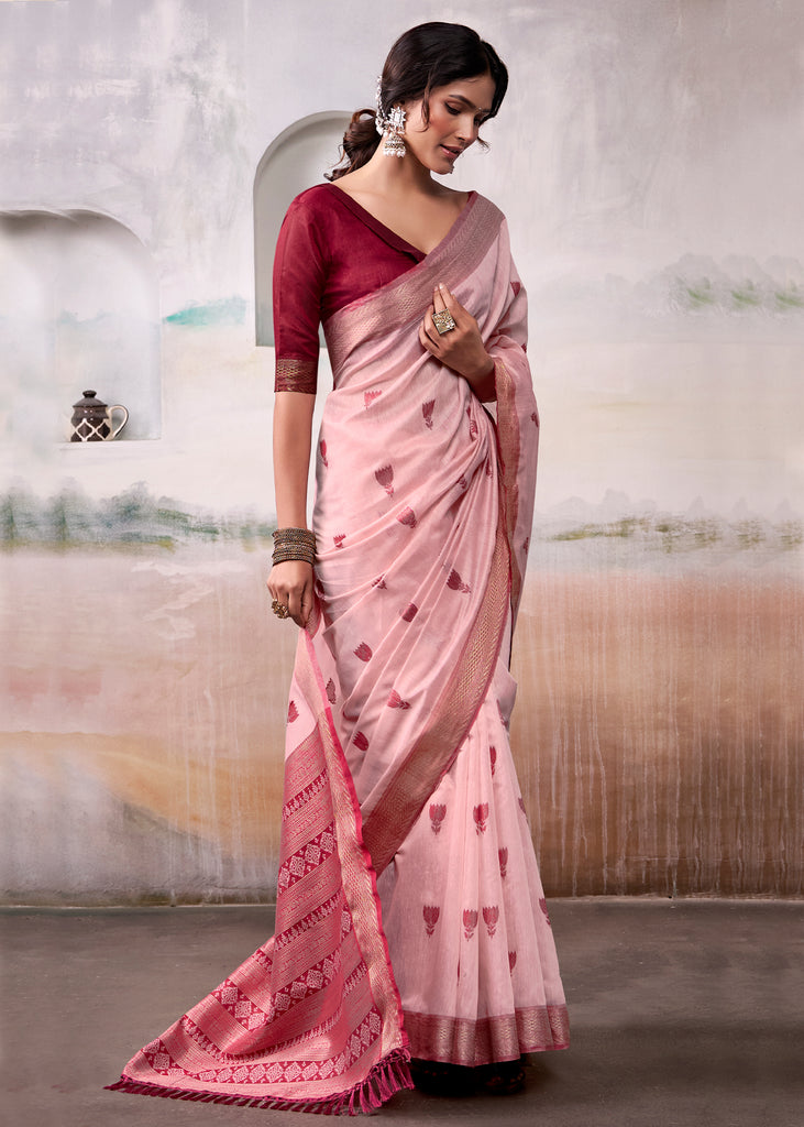 Blush Pink Woven Banarasi Cotton Silk Saree
