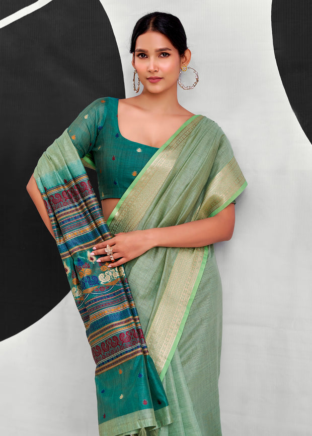 Mist Green Woven Linen Cotton Silk Saree
